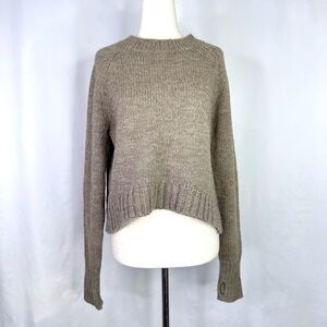 Pam & Gela Brown Crew Neck Sweater with curved hem leather elbow patches Small
